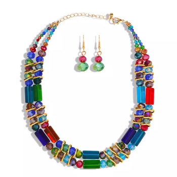 BOHO MULTICOLOR HANDMADE BEADED NECKLACE AND EARRINGS SET