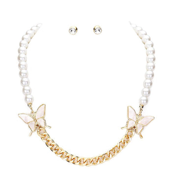 CELLULOID ACETATE BUTTERFLY ACCENTED PEARL NECKLACE AND EARRINGS SET