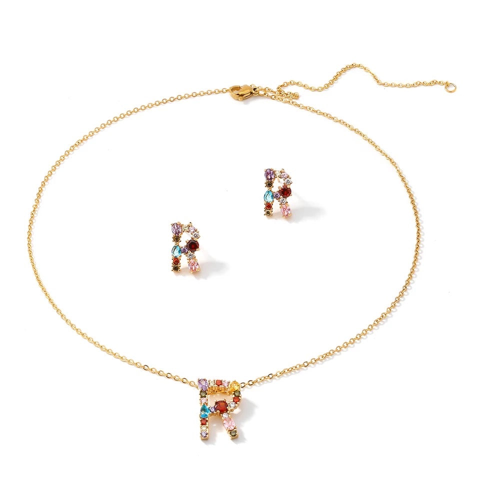 LETTER R ZIRCONIA NECKLACE AND EARRINGS SET