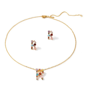 LETTER R ZIRCONIA NECKLACE AND EARRINGS SET