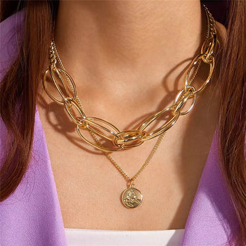 GOLDEN CARVED COIN MARY FACE PENDANT NECKLACE