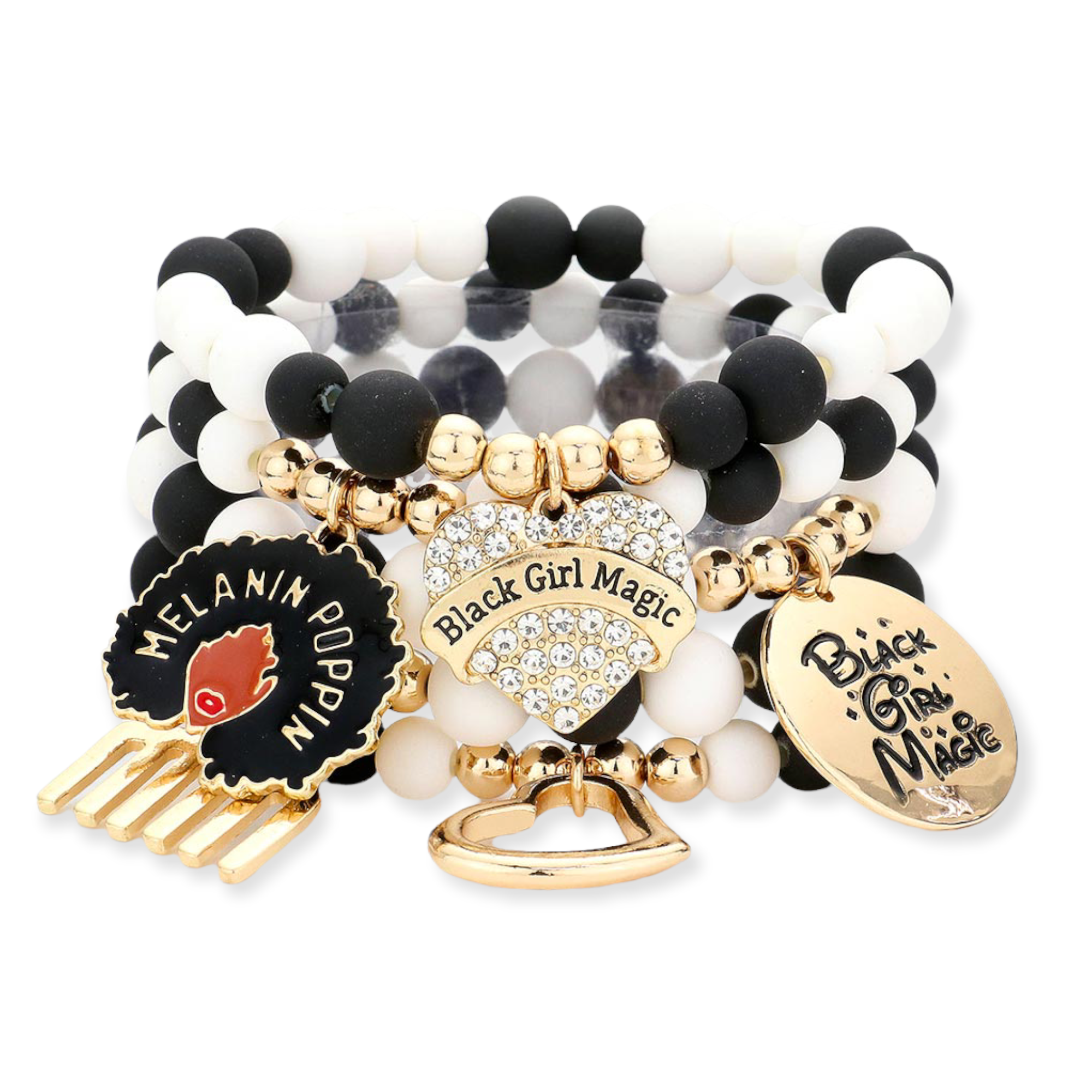5PCS - Black Girl Magic Various Charm Multi Layered Stretchable Bracelets