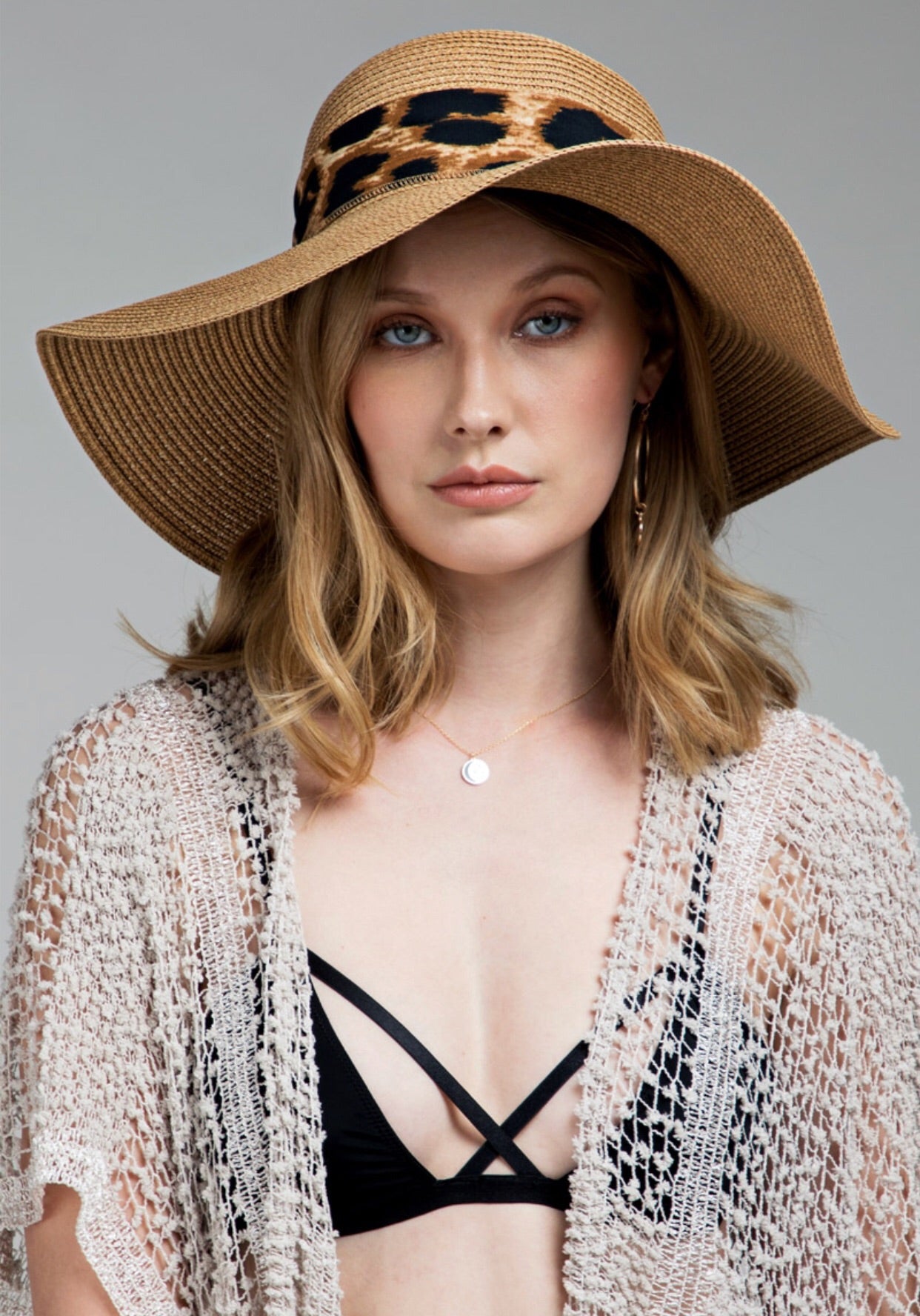 LEOPARD PRINT BOW STRAW SUN HAT