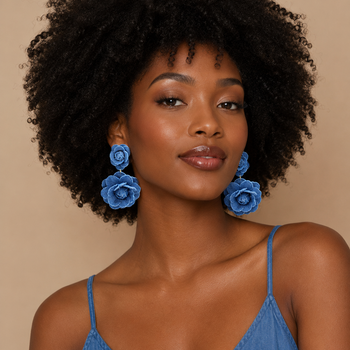 Oversized Double Denim Fabric Flower Drop Earrings