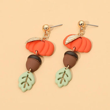 Autumn Pumpkin Acorn Leaf Charm Link Drop Earrings