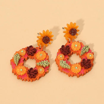 Wooden Autumn Wreath Drop Dangle Earrings