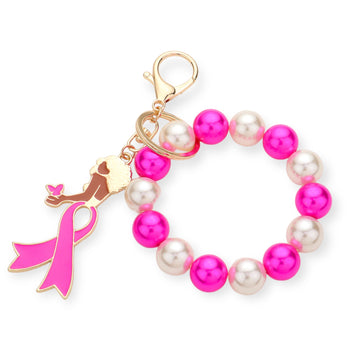Pink Ribbon Afro Girl Pearl Stretch Keychain / Bracelet