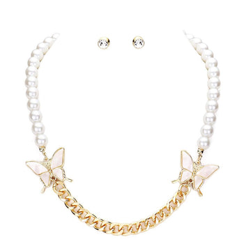 CELLULOID ACETATE BUTTERFLY ACCENTED PEARL NECKLACE AND EARRINGS SET