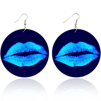 Blue Lips Painted Wooden Earrings