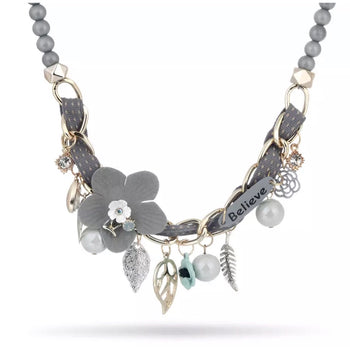 GREY LEAF AND FLOWER “BELIEVE” PEARL NECKLACE