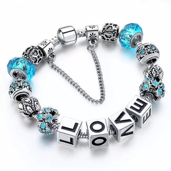 BLUE CRYSTAL LOVE CHARM BRACELET