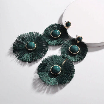 TRIPPLE DISC FRINGED TASSEL EARRINGS